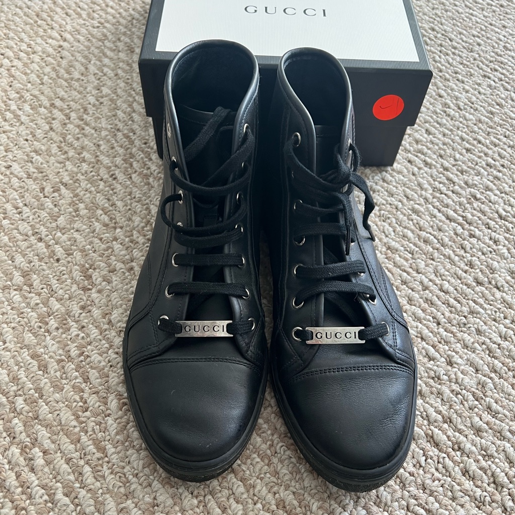 Gucciblack Leather High Top Sneakers Size 41, Only Worn A Few Times.